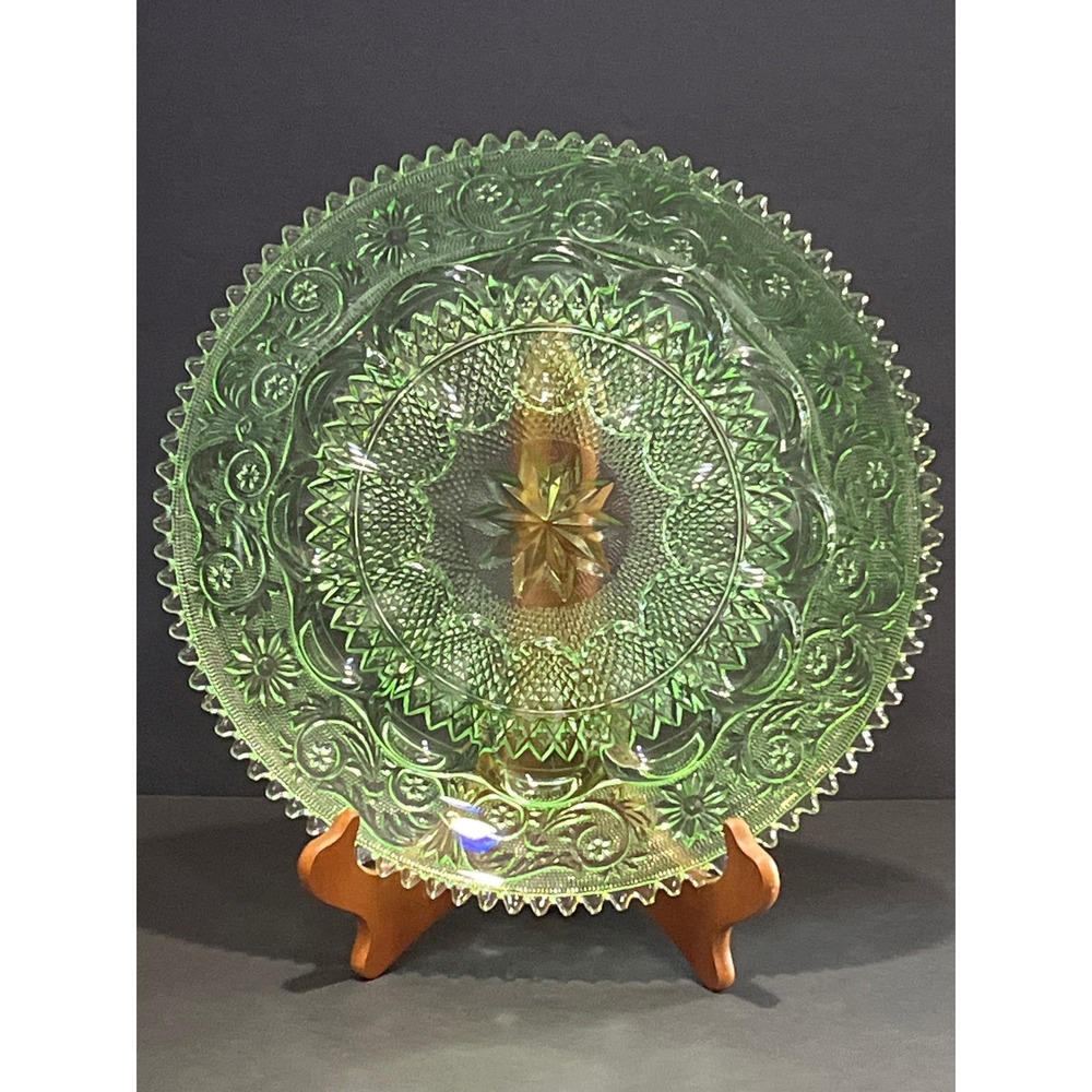 Vintage Green Depression Glass Tiara Sandwich Pattern Platter Scalloped 12 Inch